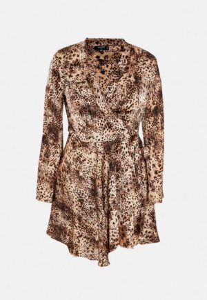 Plus Size Brown Leopard Print Satin Flare Sleeve Mini Dress loving the sales