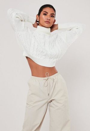 White Crop Roll Neck Cable Knit Jumper loving the sales