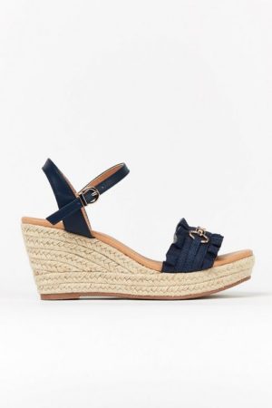 **Wide Fit Navy Ruffle Wedge Sandal