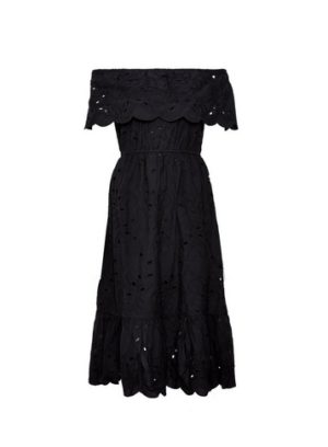 Womens Black Broderie Bardot Midi Dress