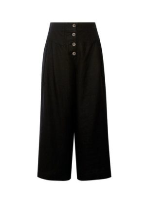 Womens Black Button Culotte Trousers With Linen