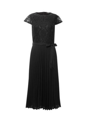 Womens Black Pleated 'Alice' Lace Midi Dress