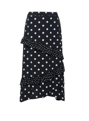 Womens Black Polka Dot Print Midi Skirt