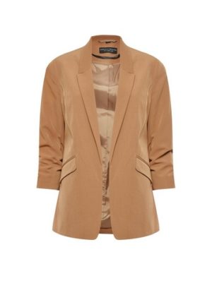 Womens Camel Ruched Sleeve Jacket - Brown