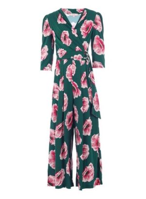 Womens Jolie Moi Green Floral Print D-Ring Belted Jumpsuit