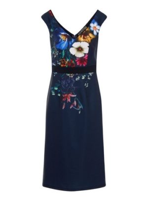 Womens Little Mistress Navy Floral Print Wiggle Bodycon Dress - Blue