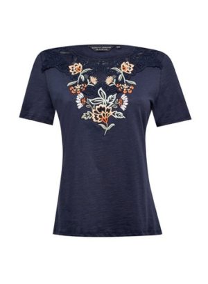 Womens Navy Embroidered Lace T-Shirt - Blue