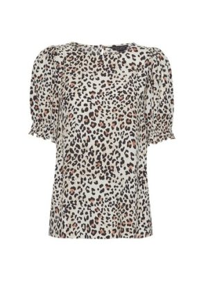 Womens Neutral Animal Print Shirred Cuff T-Shirt - Brown
