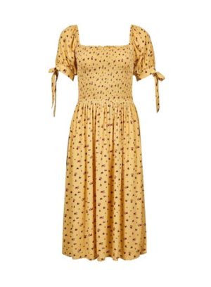 Womens Yellow Floral Print Midi Dress