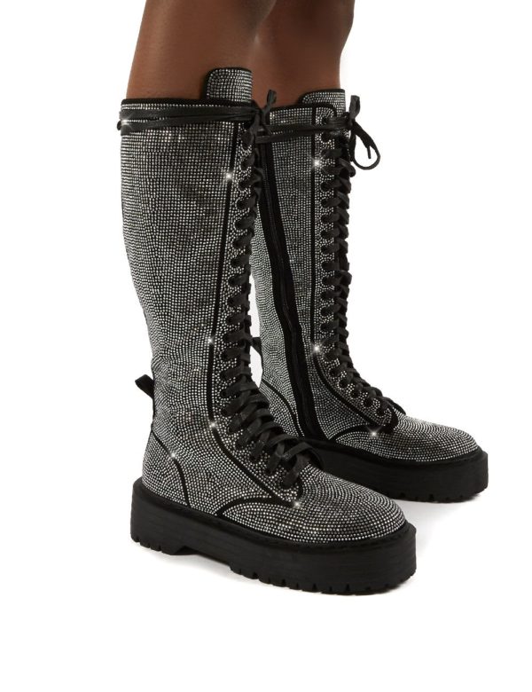 Bitter Sweet  Diamante Lace Up Knee High Chunky Boots