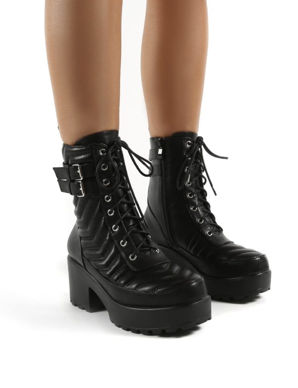 Carbon  Lace Up Platorm Sole Block Heeled Ankle Boots