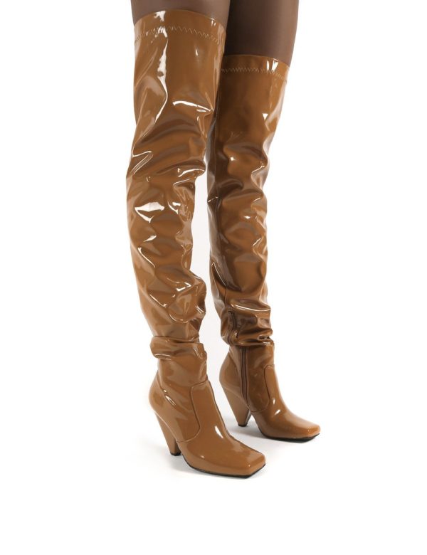 Conquer Camel Patent Thigh High Over The Knee Square Toe Cone Block Heeled Boots loving the sales