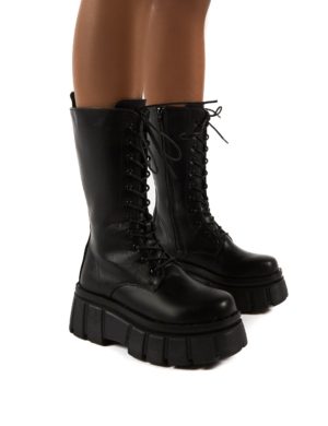 Jena  Calf High Lace Up Chunky Sole Boots