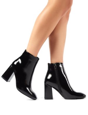 Aimee  Crinkle Patent Square Toe Block Heeled Ankle Boots