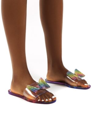 Bobbie Rainbow Multi Perspex Diamante Detail Bow Flat Sandals loving the sales