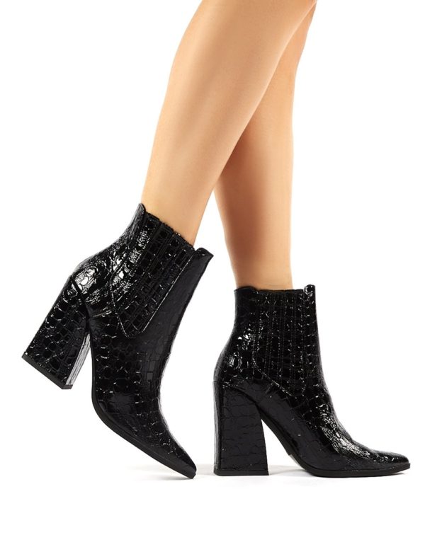 Brianna  Patent Croc Block Heeled Pointed Ankle Boots