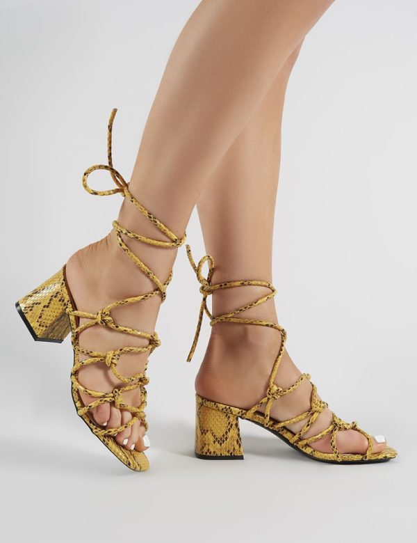 Freya Knotted Strappy Block Heeled Sandals Mustard Snakesk- Uk 4 / Eu 37 / Us 6 loving the sales