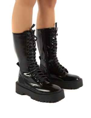 Kendall Smooth  Pu Lace Up Chunky Knee High Boots
