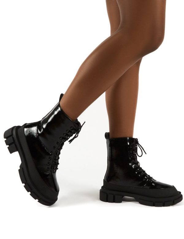 Mischief  Patent Lace Up Chunky Sole Ankle Boots
