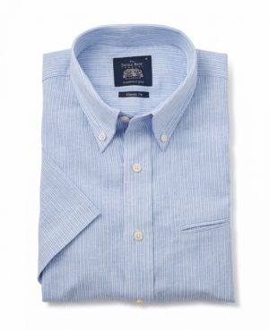 Blue Striped Linen-Blend Classic Fit Short Sleeve Shirt S loving the sales