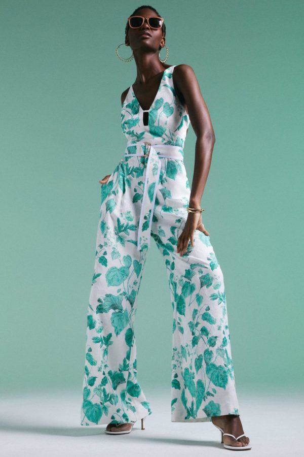 Karen Millen Ivy Leaf Print Belted Strappy Woven Jumpsuit -
