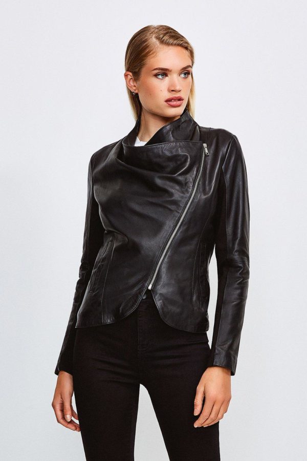 Karen Millen Leather And Ponte Envelope Neck Biker Jacket -