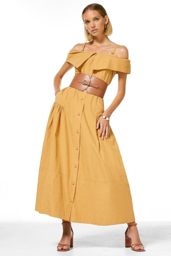 Karen Millen Petite Organic Cotton Belted Bardot Dress -