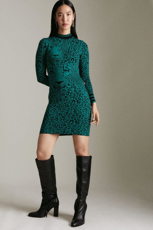 Karen Millen Placed Animal Jacquard Fitted Knit Dress -