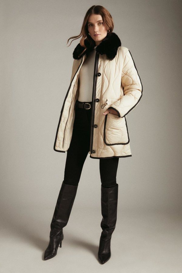 Karen Millen Short Faux Fur Collared Quilted Coat -