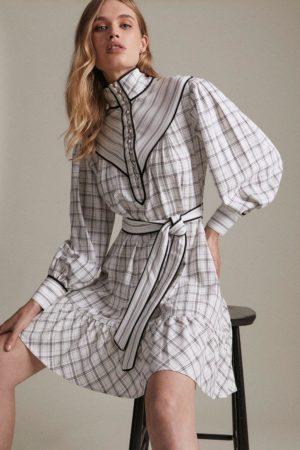 Karen Millen Woven Stripe And Check Mix Mini Dress -