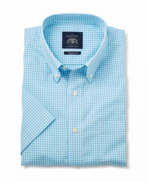 Turquoise Gingham Check Classic Fit Short Sleeve Shirt S loving the sales