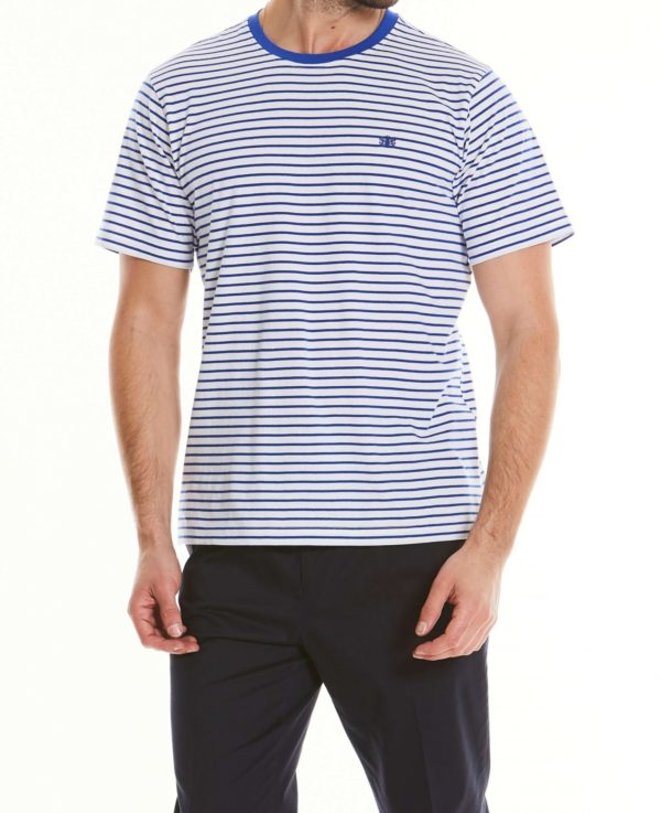White Blue Striped Cotton Jersey Crew Neck T-Shirt L loving the sales