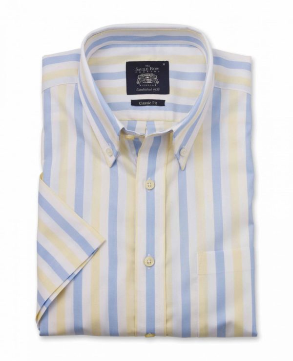 White Blue Yellow Stripe Herringbone Classic Fit Short Sleeve Shirt S loving the sales