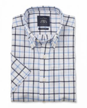 White Navy Blue Check Linen-Blend Classic Fit Short Sleeve Shirt S loving the sales