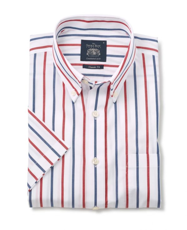 White Navy Red Stripe Classic Fit Short Sleeve Shirt S loving the sales