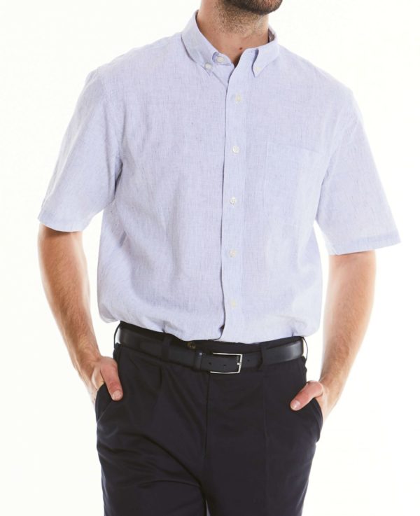 White Navy Stripe Linen-Blend Short Sleeve Shirt L loving the sales