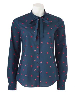 Women's Navy Red Lip Print Semi-Fitted Shirt With Bow Detail 12 loving the sales